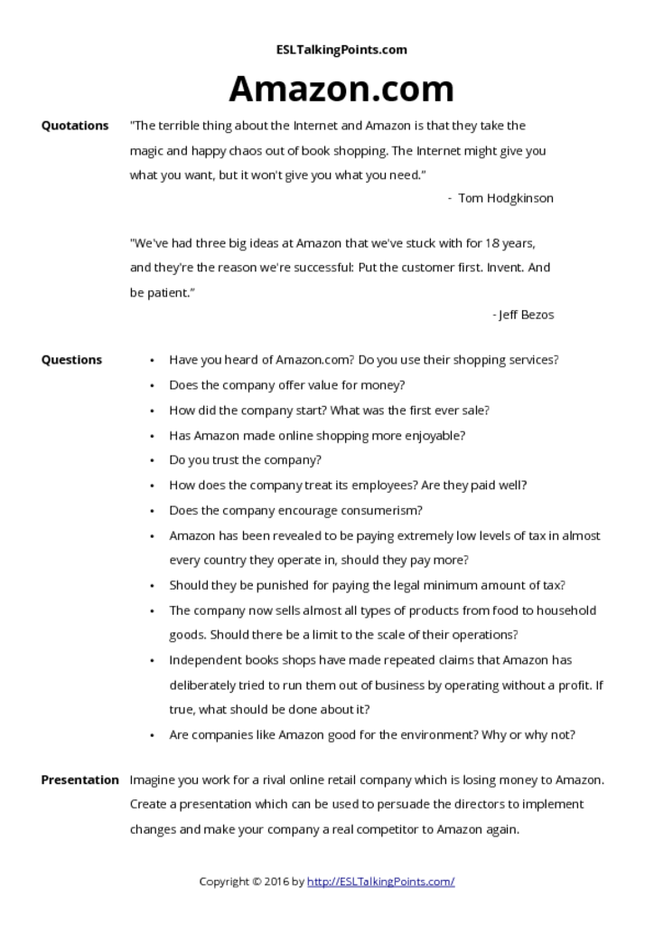 Lp Questions. Amazon Amazon.com – ESL Conversation Questions and Speaking Activities