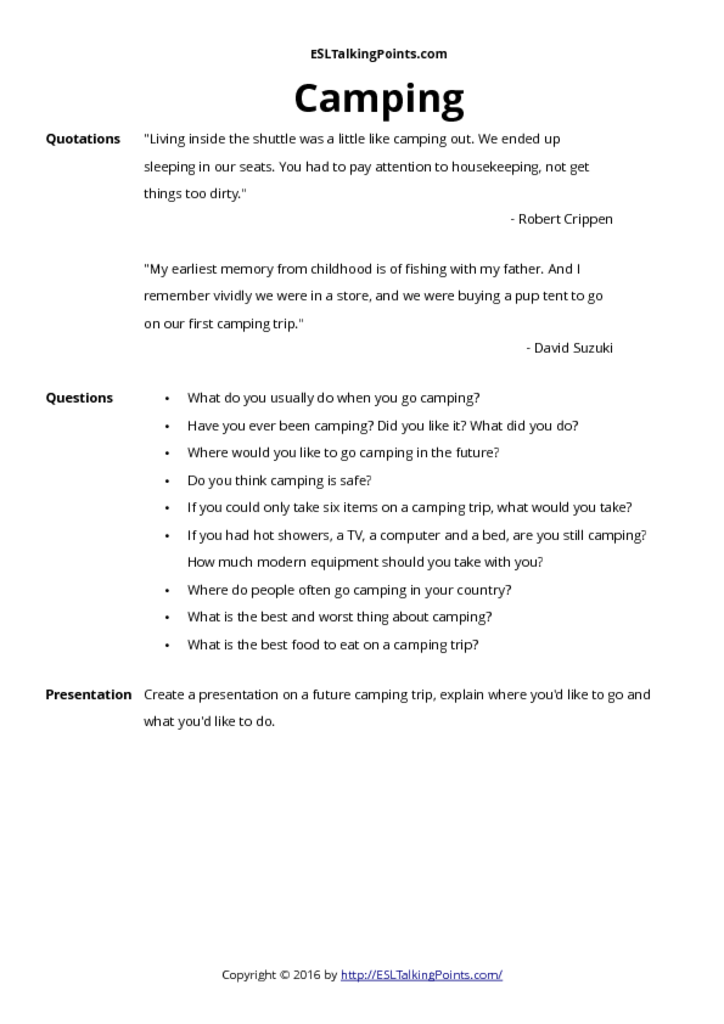 Camping ESL Conversation Questions and Speaking Activities