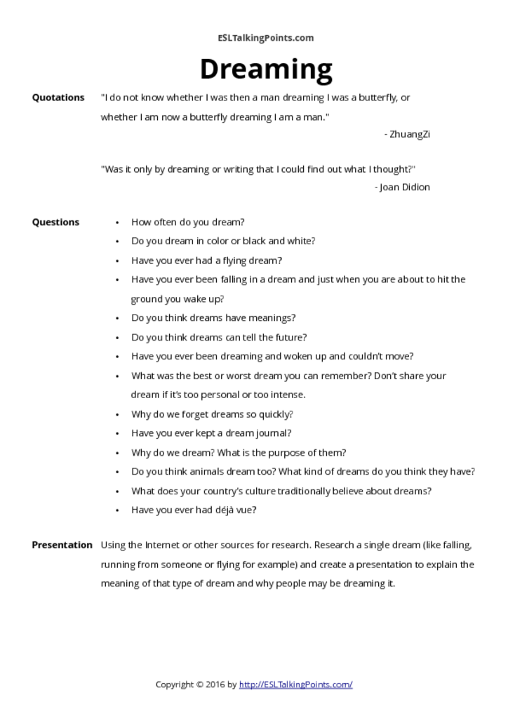 Dreaming ESL Conversation Questions And Speaking Activities