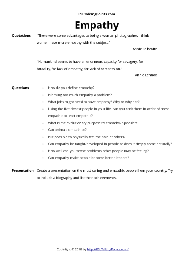 Empathy ESL Conversation Questions and Speaking Activities