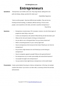 Entrepreneurs – ESL Conversation Questions and Speaking Activities