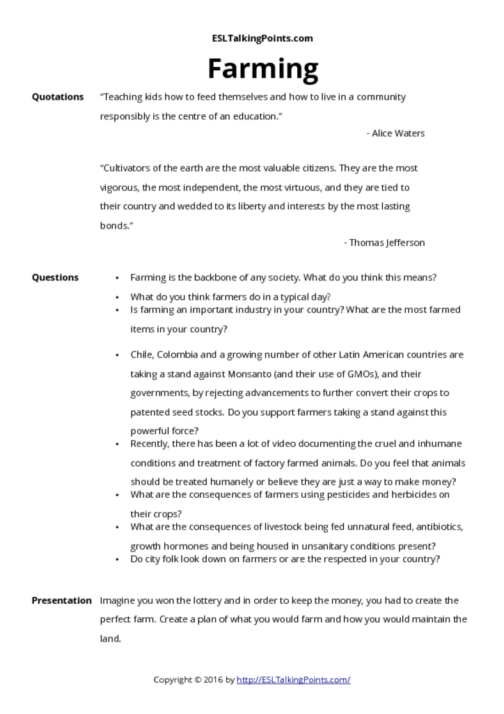 Farming ESL Conversation Questions and Speaking Activities