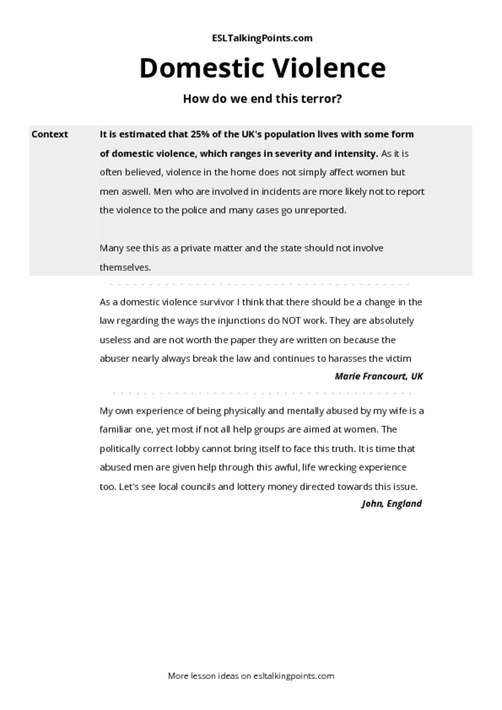 Domestic Violence ESL Conversation Questions and Speaking Activities