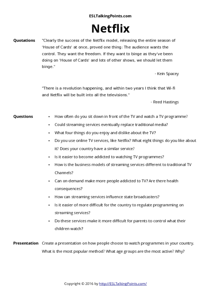 Netflix / Streaming Services ESL Conversation Questions and Speaking