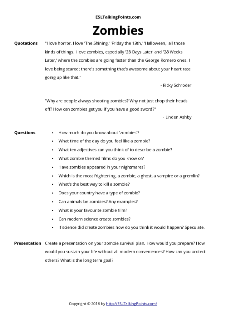 Zombies esl conversation questions and speaking activities