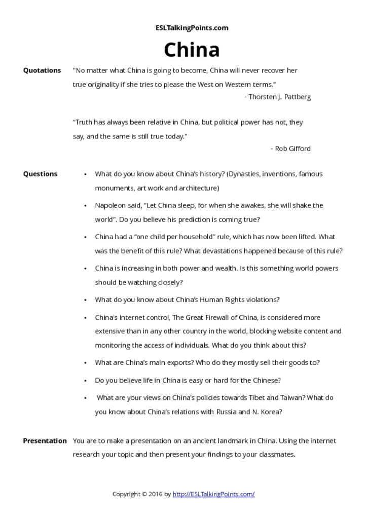 China ESL Conversation Questions and Speaking Activities